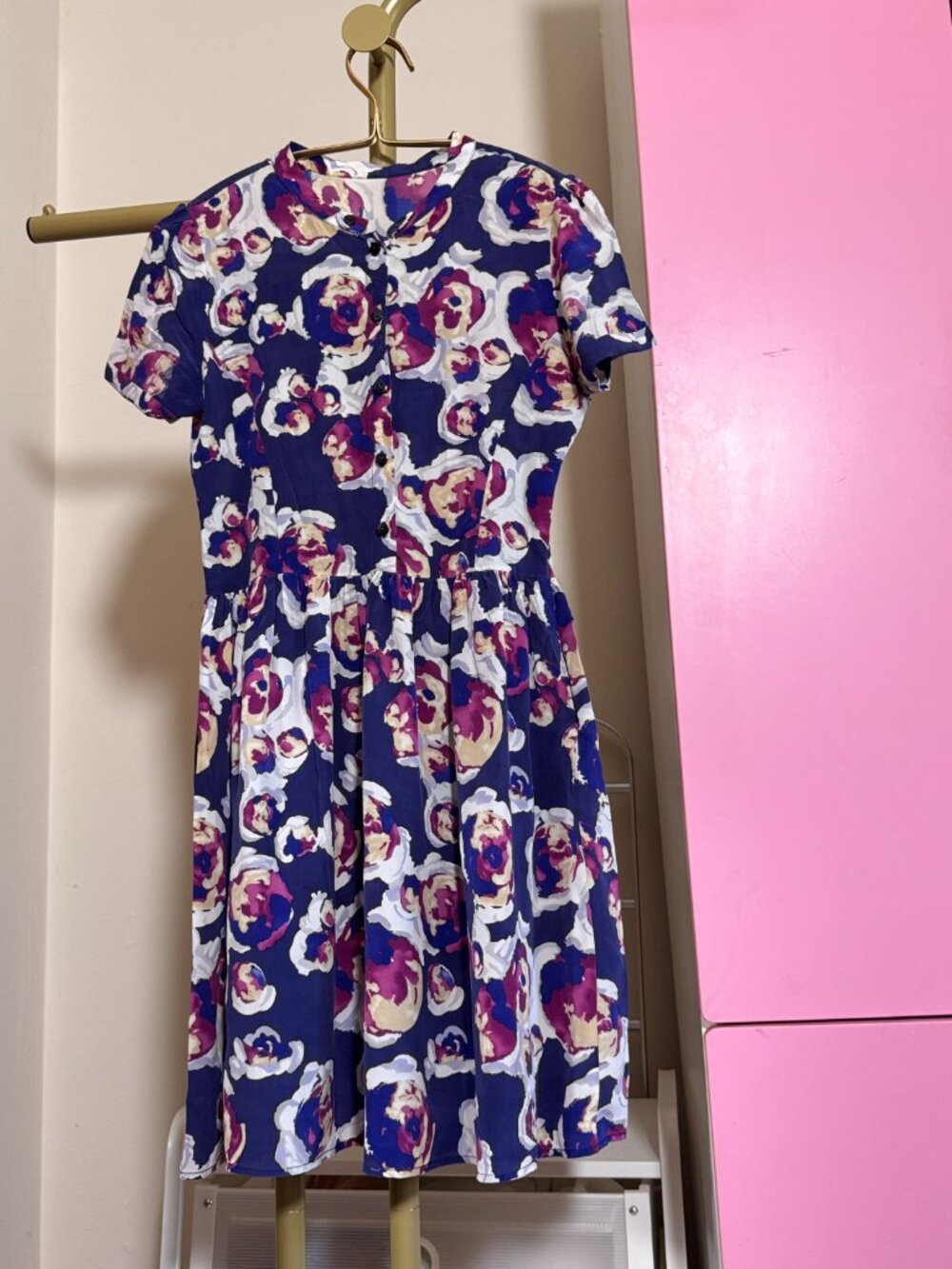 Navy Floral Silk Short Sleeve Dress